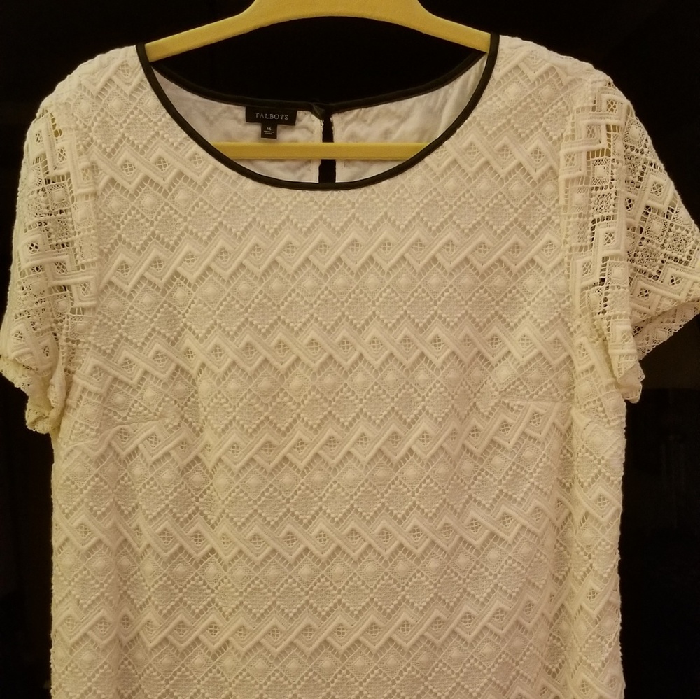 Talbots Cream lace with fauxblack leather trim top